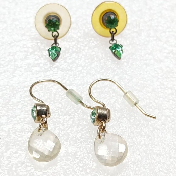 Vintage Green Crystal & Clear Bead Dangle Earrings Lot of 2 Pairs 1½" Drop - Picture 1 of 9